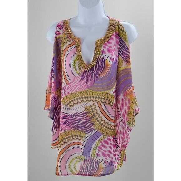 Peck & Peck women's funky dopamine blouse sheer paisley pink Size XL cover up - Picture 2 of 8